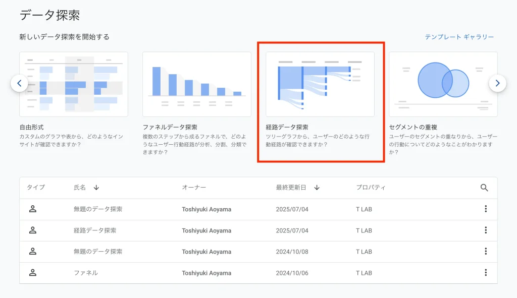 GA4のデータ探索レポートの一覧画面
